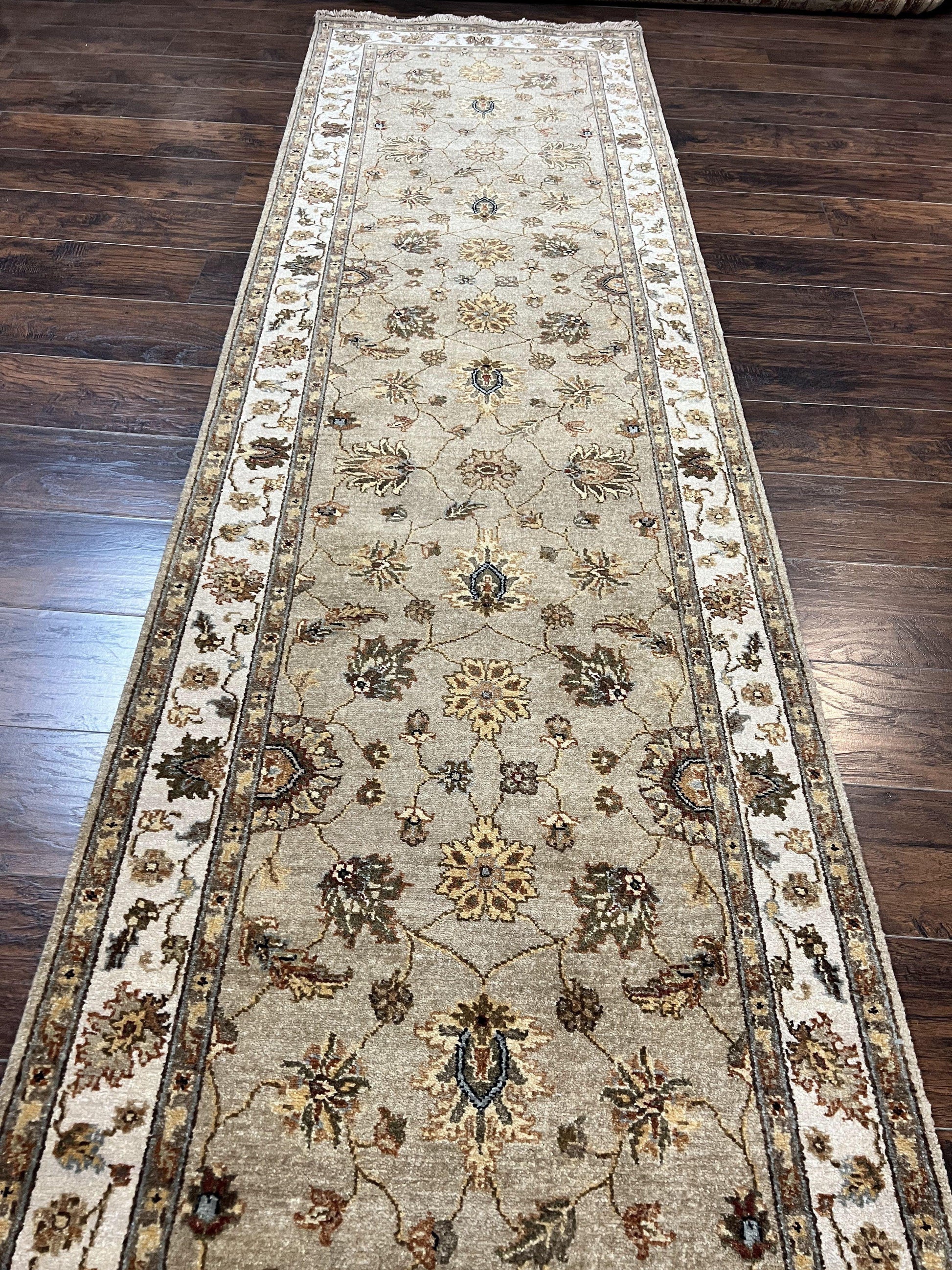 Peshawar Runner Rug 3 x 20, Wool Hand Knotted Vintage Pakistani Carpet, Olive Green & Ivory, Extra Long 20ft Hallway Runner, Floral - Nuvé