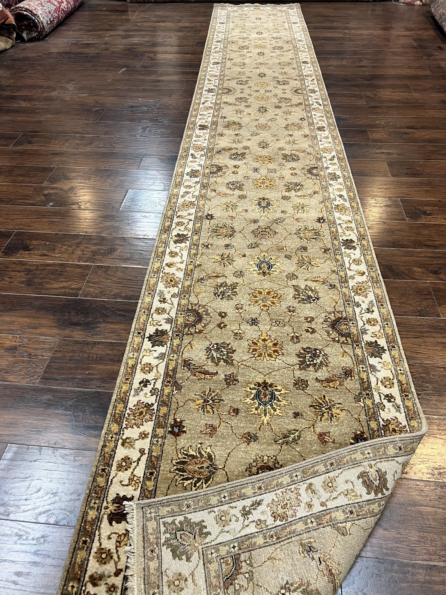 Peshawar Runner Rug 3 x 20, Wool Hand Knotted Vintage Pakistani Carpet, Olive Green & Ivory, Extra Long 20ft Hallway Runner, Floral - Nuvé