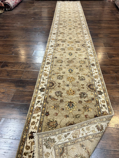 Peshawar Runner Rug 3 x 20, Wool Hand Knotted Vintage Pakistani Carpet, Olive Green & Ivory, Extra Long 20ft Hallway Runner, Floral - Nuvé