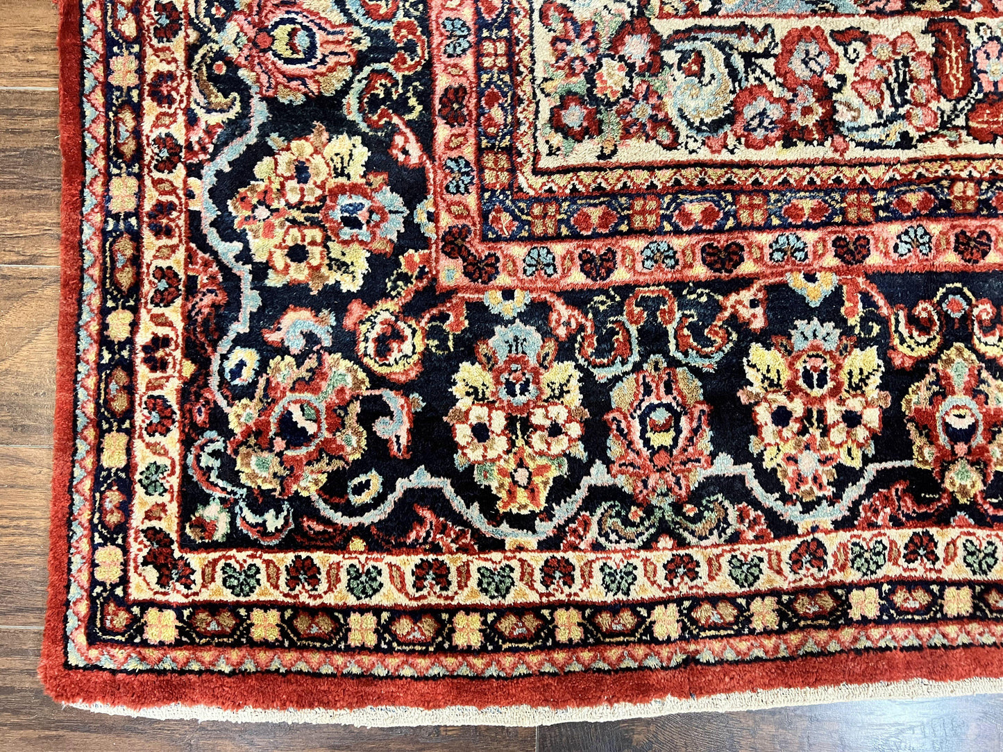 Persian Sarouk Rug 11x14, Semi Open Field, Large Antique Persian Wool Handmade Carpet, Red and Dark Blue, Floral - Nuvé