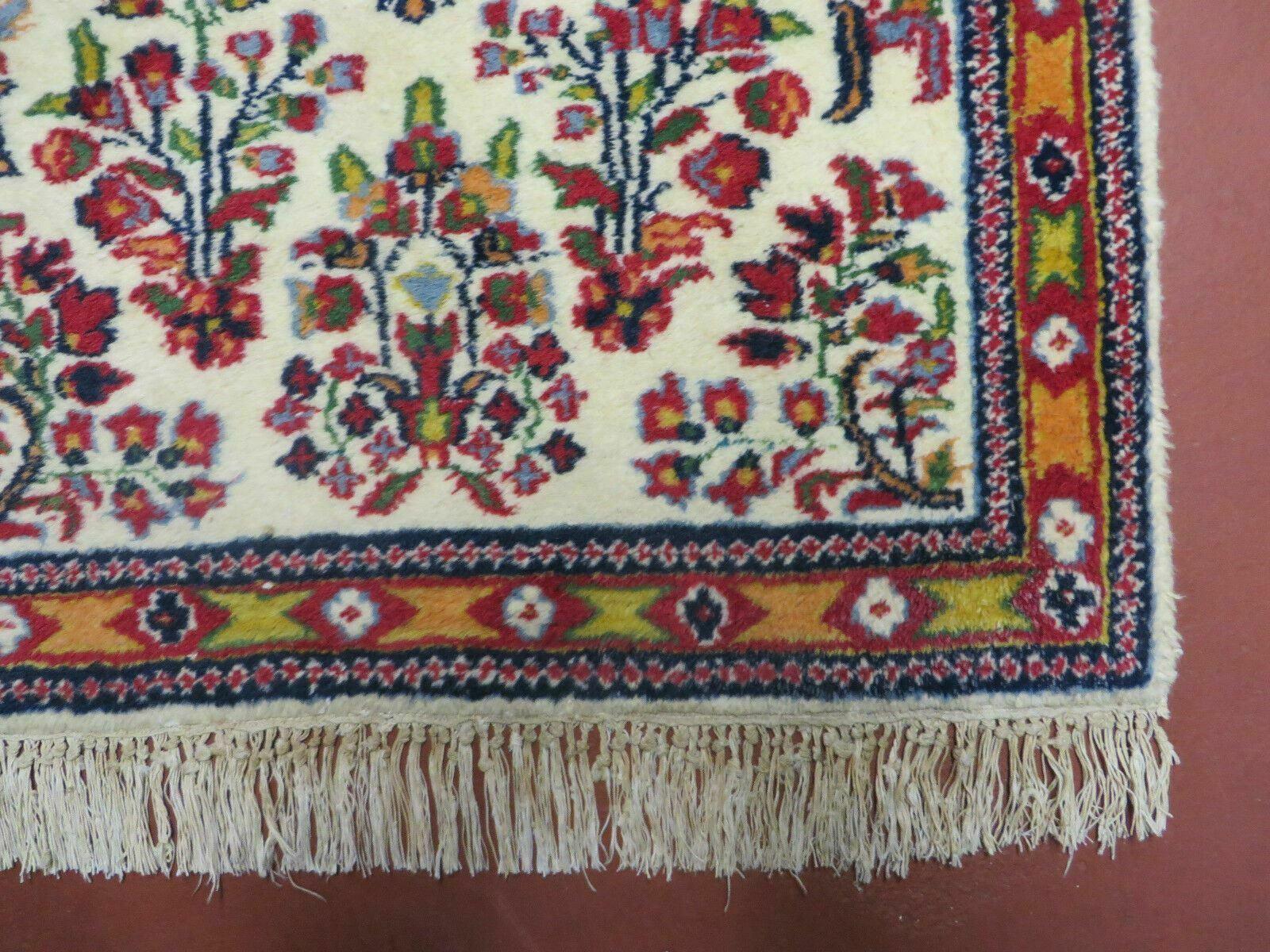 Small Persian Rug 2 x 3, Tiny Persian Sarouk Carpet, Cream Navy Blue Red, Floral Medallion, Vintage Wool Rug, Handmade Hand-Knotted Oriental Rug - Nuvé