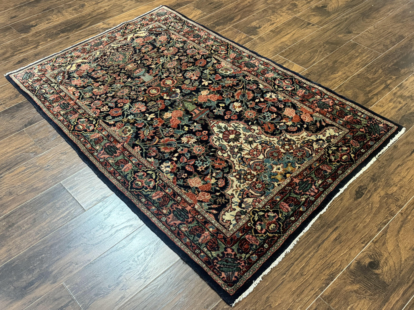 Antique Persian Rug 4x5, Navy Blue 1920s Carpet, Wool, Rare, Fine, Persian Hamadan Bidjar Carpet - Nuvé
