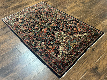 Antique Persian Rug 4x5, Navy Blue 1920s Carpet, Wool, Rare, Fine, Persian Hamadan Bidjar Carpet - Nuvé