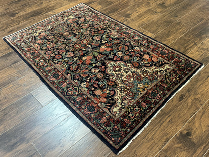 Antique Persian Rug 4x5, Navy Blue 1920s Carpet, Wool, Rare, Fine, Persian Hamadan Bidjar Carpet