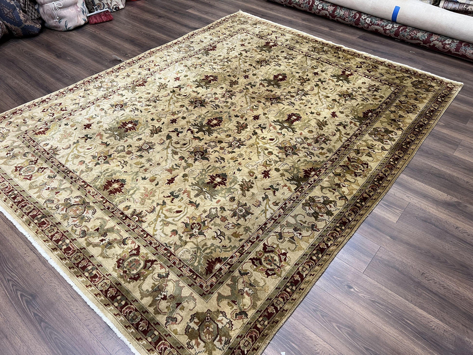 Indian Mahal Rug 8x10, Allover Floral Mahal Oriental Carpet 8 x 10, Handmade Hand Knotted Wool Rug, Indo Persian Area Rug, Tea-Washed Tan - Nuvé