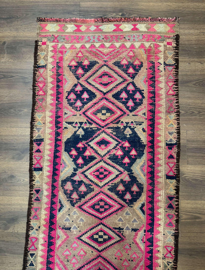 Turkish Runner Rug 3x10, Pink and Navy Blue, Bohemian Runner for Hallway or Kitchen, Vintage, Geometric, Tribal - Nuvé