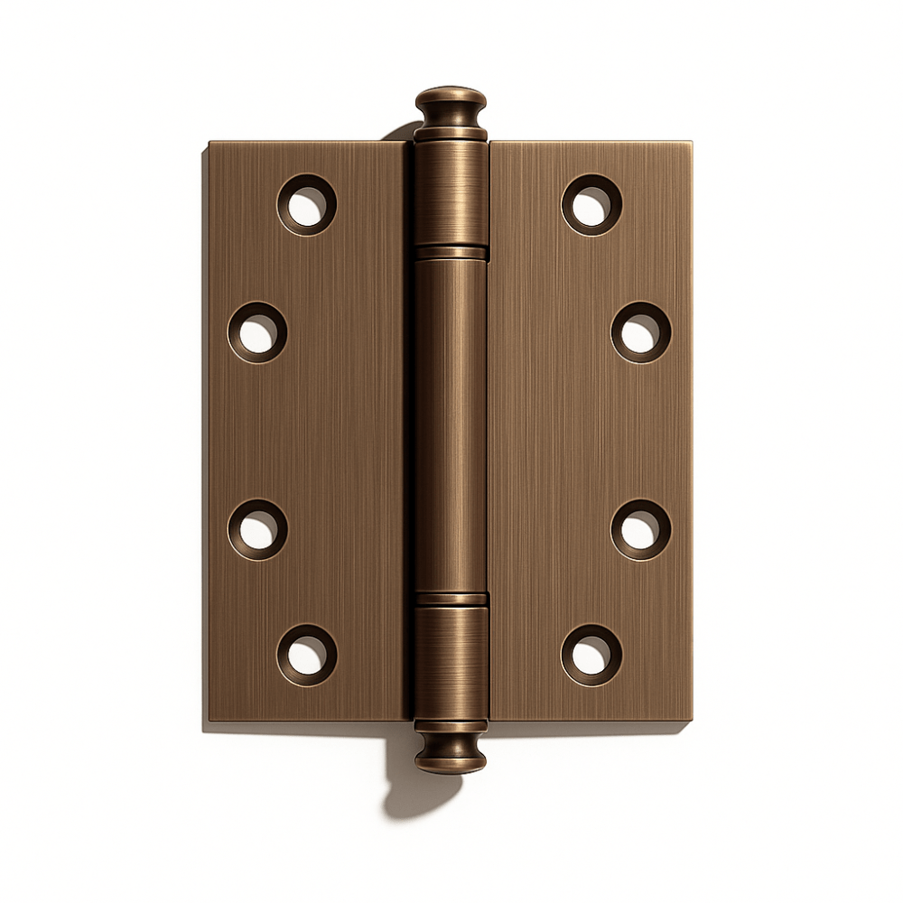 Residence Supply Carvin door hinge installed on a wooden door, showcasing sturdy metal construction and smooth pivoting functionality.