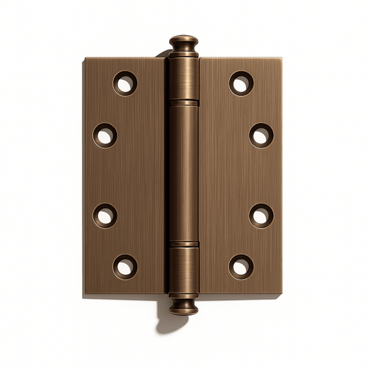 Residence Supply Carvin door hinge installed on a wooden door, showcasing sturdy metal construction and smooth pivoting functionality.