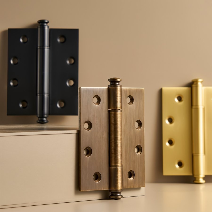 Decorative Carvin door hinges with finials in various finishes, made for home and garden door hardware applications.