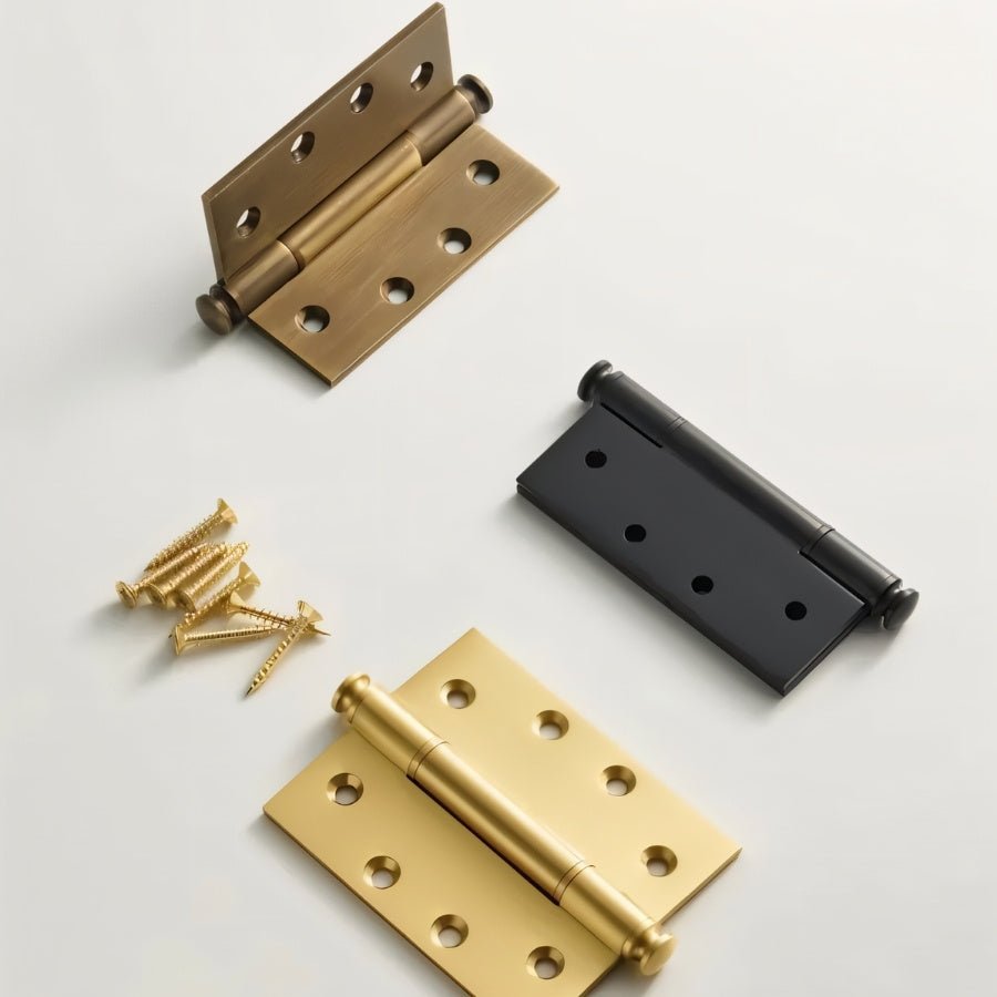 Top view of Carvin door hinges by Residence Supply in various finishes with screws, suitable for home door hardware.