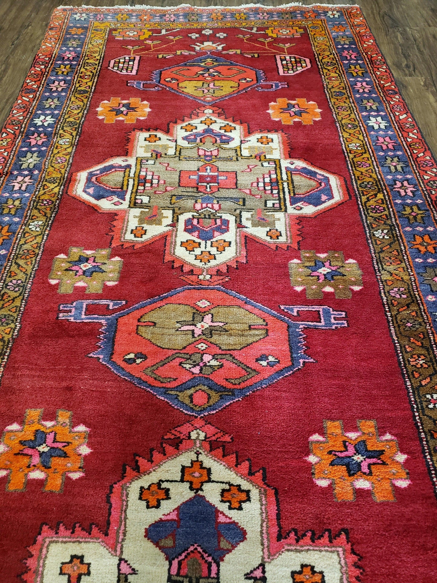 Antique Persian Karajeh Runner Rug 4.4 x 11 ft, Red Colorful Geometric Medallion Runner - Nuvé