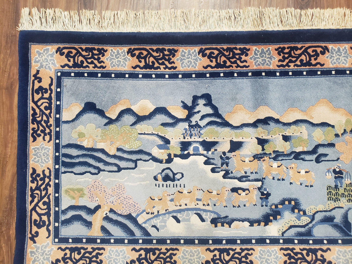 Vintage Chinese Pictorial Rug 2'4" x 4' 7", Chinese Village, Wool Hand-Knotted Blue & Teal Fine Carpet, Tapestry Rug, Woven Wall Art - Nuvé