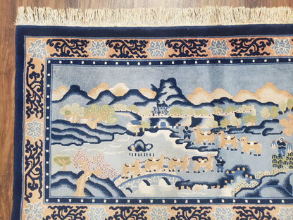 Vintage Chinese Pictorial Rug 2'4" x 4' 7", Chinese Village, Wool Hand-Knotted Blue & Teal Fine Carpet, Tapestry Rug, Woven Wall Art - Nuvé