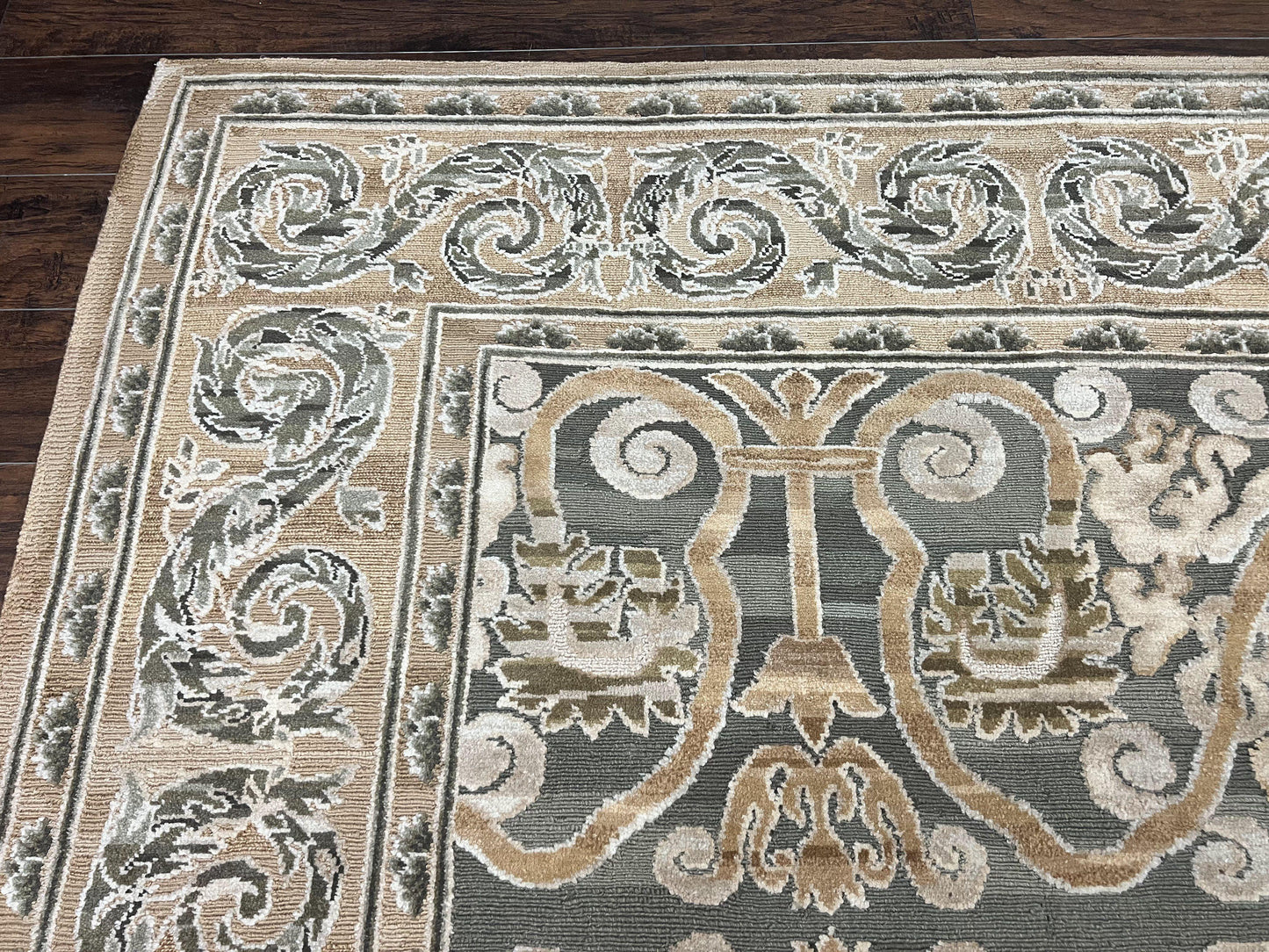 Spanish Rug 11x14, Wool Hand Knotted Vintage Carpet, Olive Green and Beige, Floral Allover, European Design, 11 x 14 Rug - Nuvé