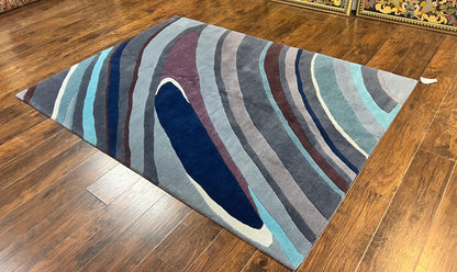 Modern Nepali Handmade Wool Rug 6x8, Blues Gray Mauve, Abstract, Nepali Tibetan Rug - Nuvé