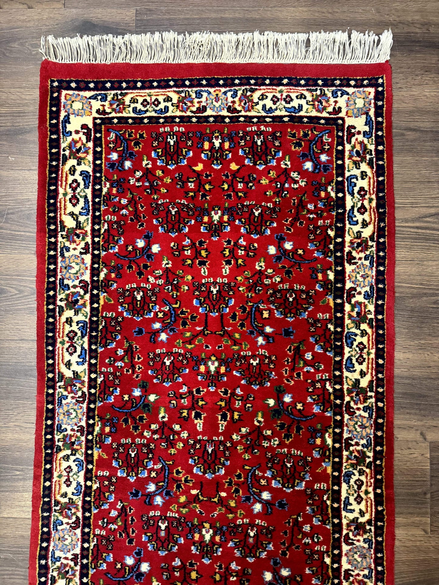 Indo Persian Sarouk Runner Rug 3 x 12, Red and Cream, Allover Pattern, 12ft Runner, Hand Knotted - Nuvé