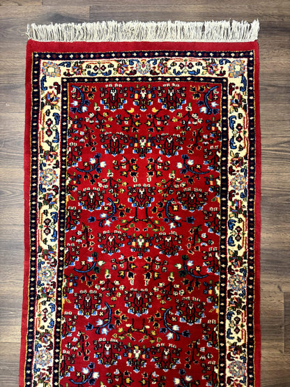 Indo Persian Sarouk Runner Rug 3 x 12, Red and Cream, Allover Pattern, 12ft Runner, Hand Knotted - Nuvé
