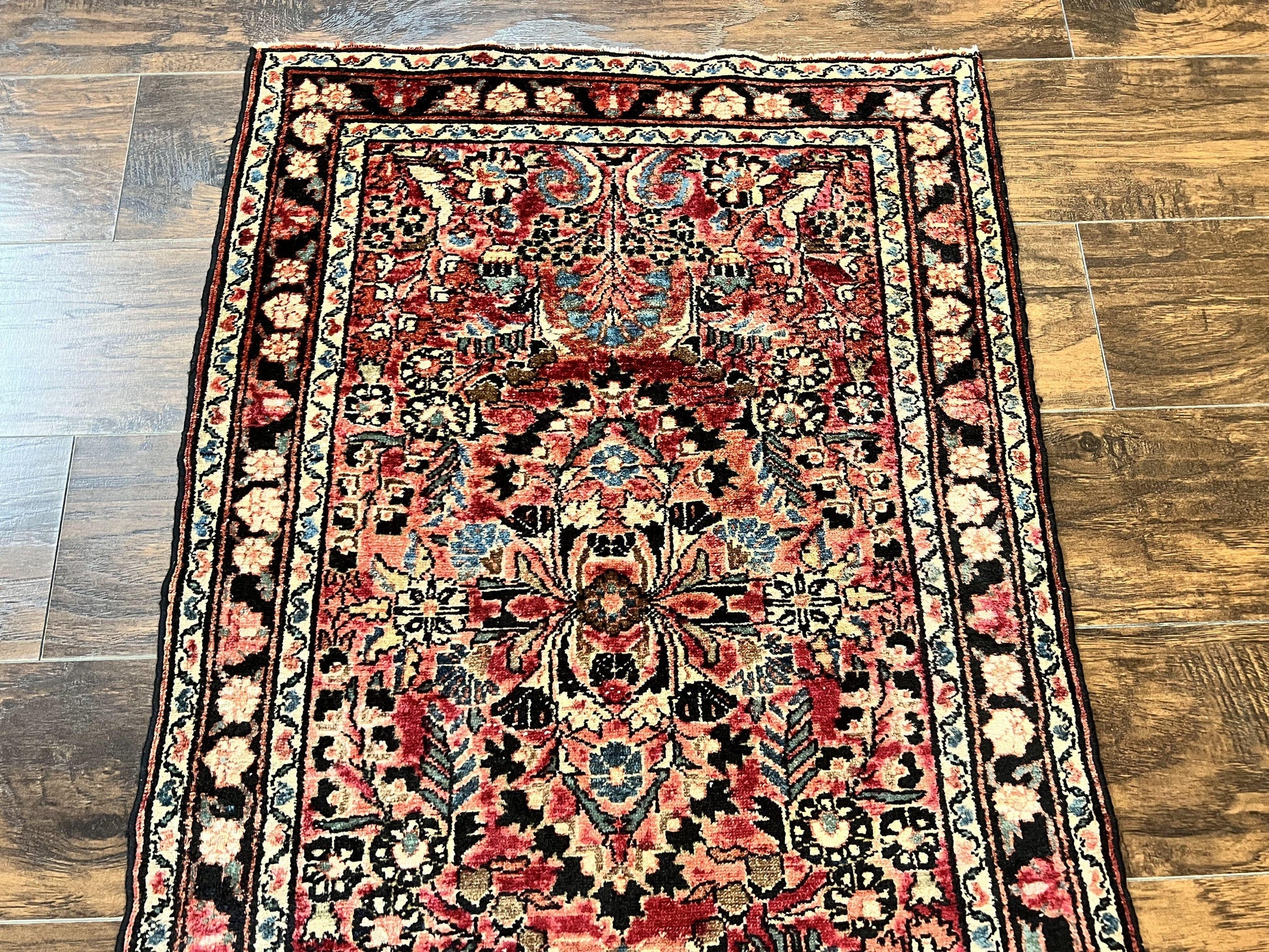 Small Antique Persian Rug 2.6 x 4, Red Floral Handmade 1920s Wool Rug, Persian Hamadan Lilian Rug - Nuvé