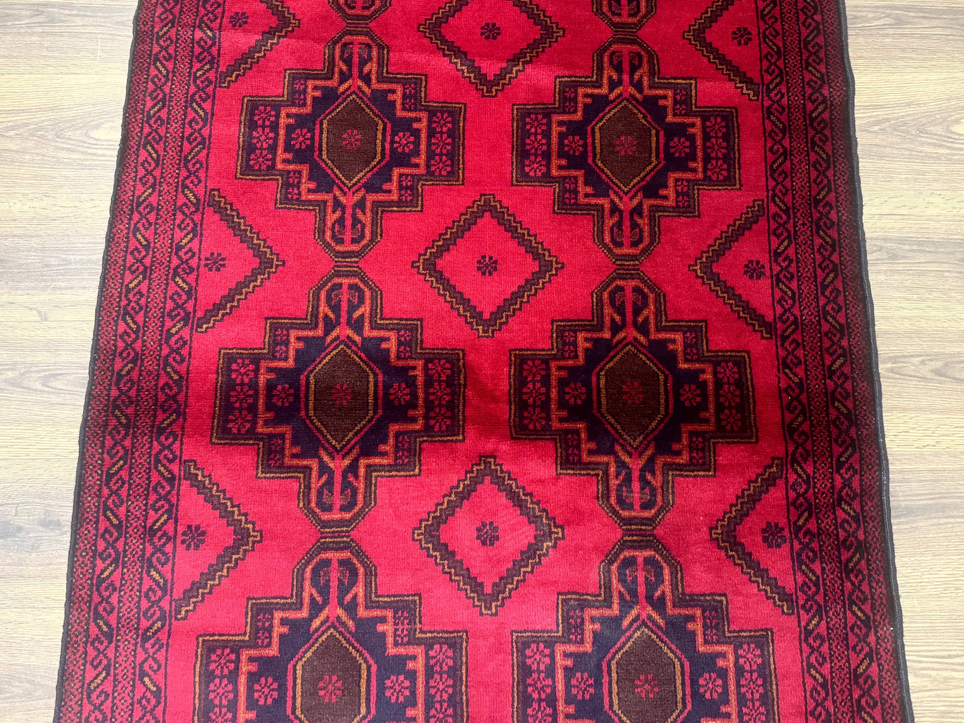 Afghan Rug 4x7, Tribal Carpet, Balouch Rug, Red and Navy Blue, Repeated Medallions, New - Nuvé