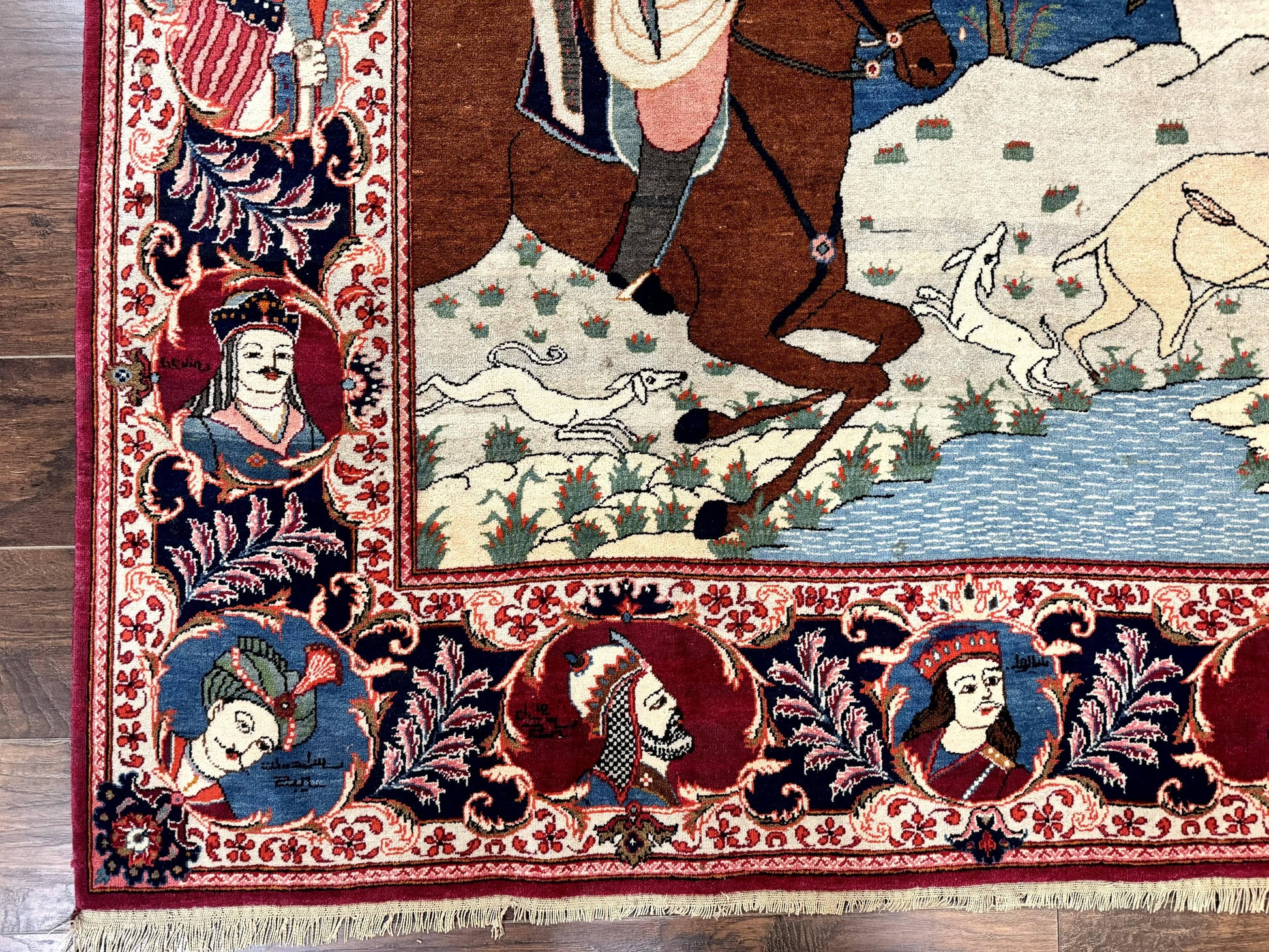 Rare Persian Kashan Pictorial Rug 6x9, King Bahram Hunting Scene, Persian Kings, Hand Knotted Persian Rug for Wall Hanging, Antique, Wool - Nuvé