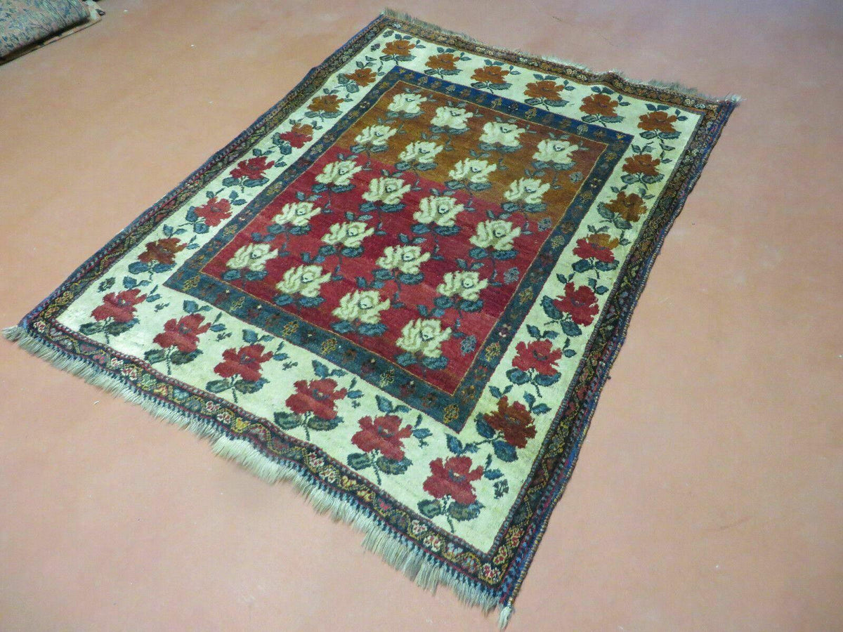 4' X 5' Semi Antique Handmade Fine Turkish Flowers Bouquet Wool Rug Nice