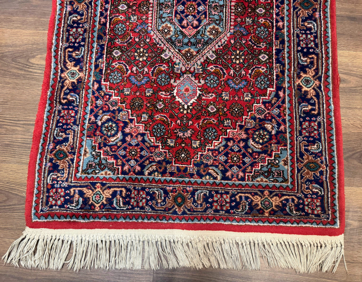 Indo Persian Bidjar Runner Rug 3 x 18.6, Red Navy Blue, Long Runner, Wool Oriental Carpet - Nuvé