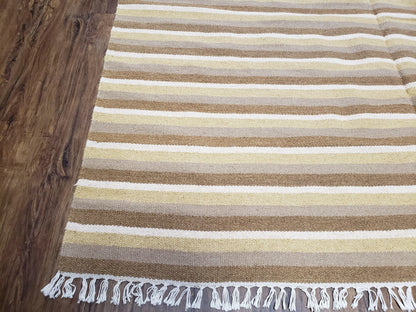 Indian Striped Blanket 6x9, Large Indo Kilim Area Rug, Earthern Tones Woolen Hand-Woven Flatweave South American Style Queen Size Bedspread