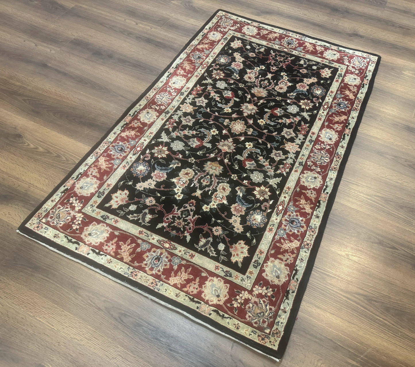 Black Sino Persian Rug 3x5, Wool with Silk Highlights, Floral, Fine 170 KPSI - Nuvé