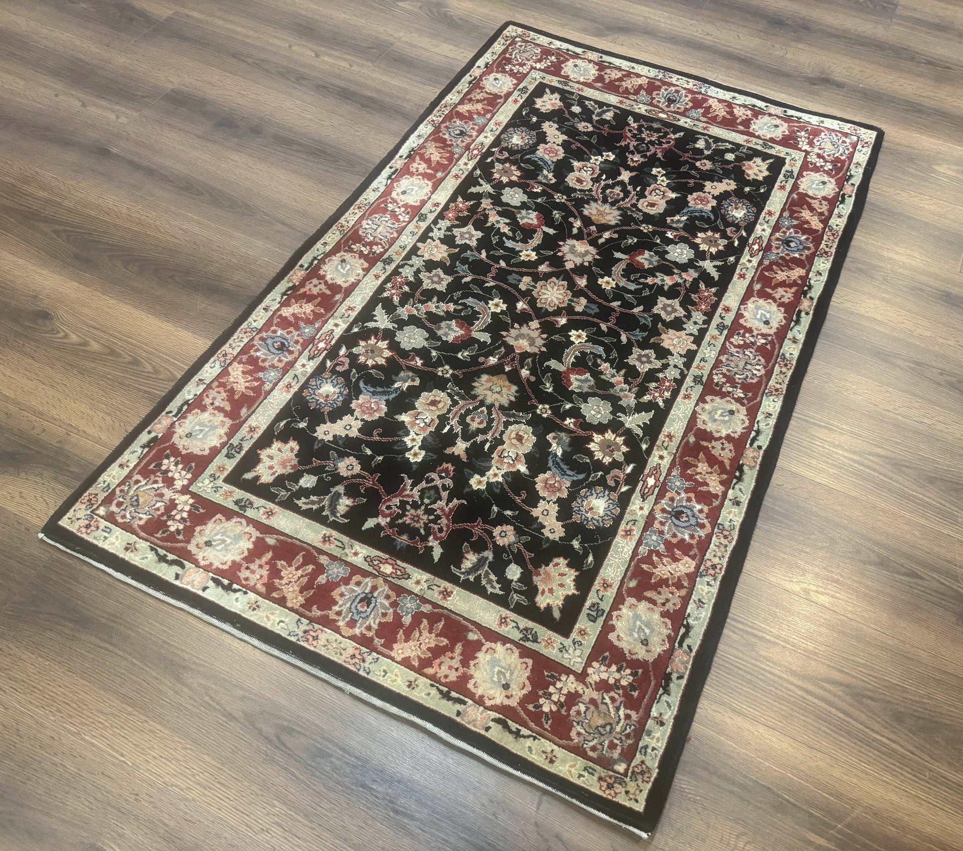 Black Sino Persian Rug 3x5, Wool with Silk Highlights, Floral, Fine 170 KPSI - Nuvé