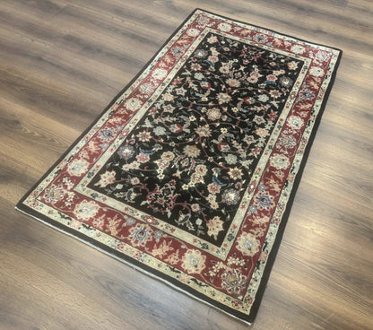 Black Sino Persian Rug 3x5, Wool with Silk Highlights, Floral, Fine 170 KPSI - Nuvé