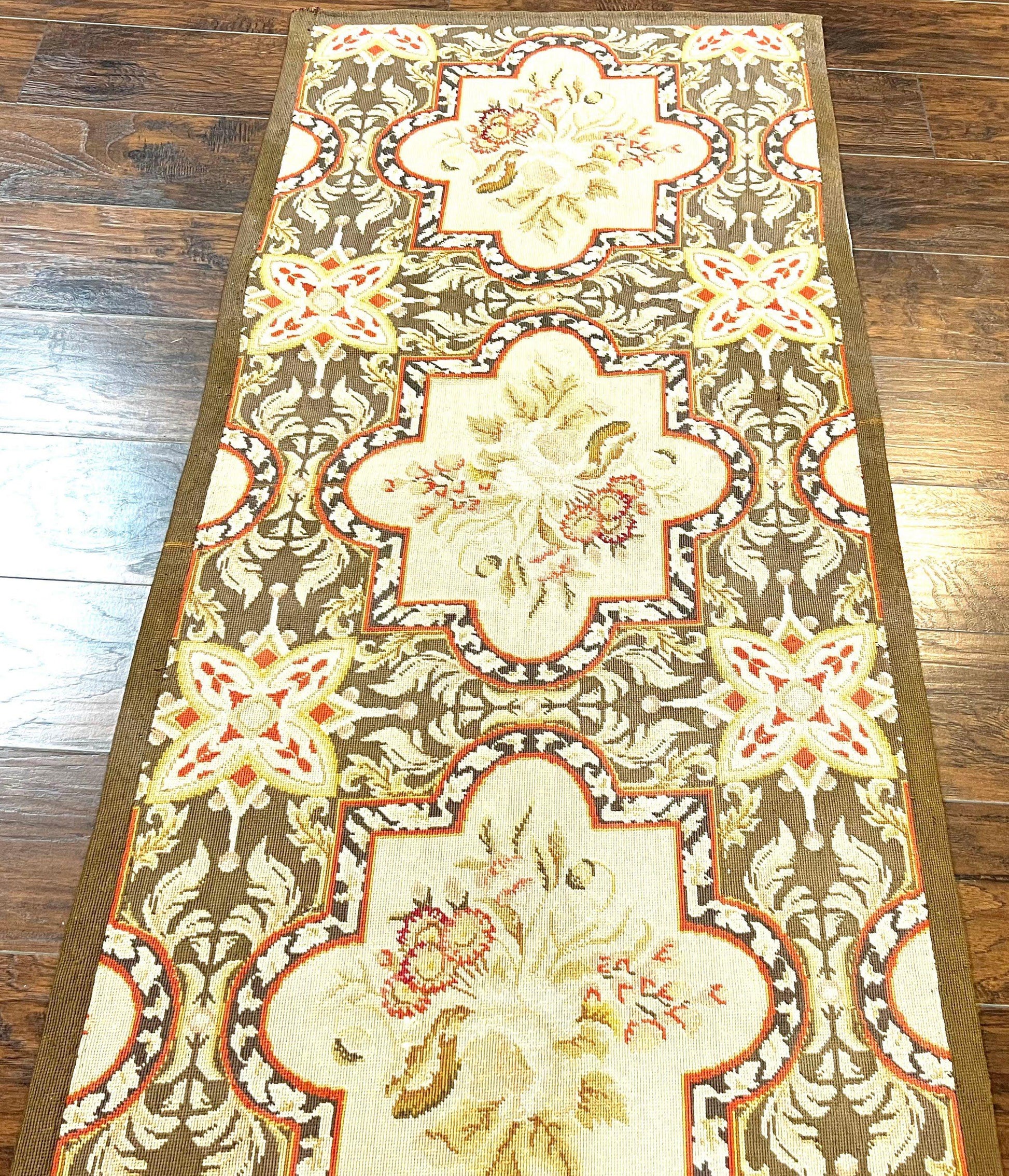 Needlepoint Runner Rug 2.8 x 9.8, Brown and Beige, Handwoven Handmade Floral French European Design, Vintage Flatweave 10ft Wool Runner Rug - Nuvé