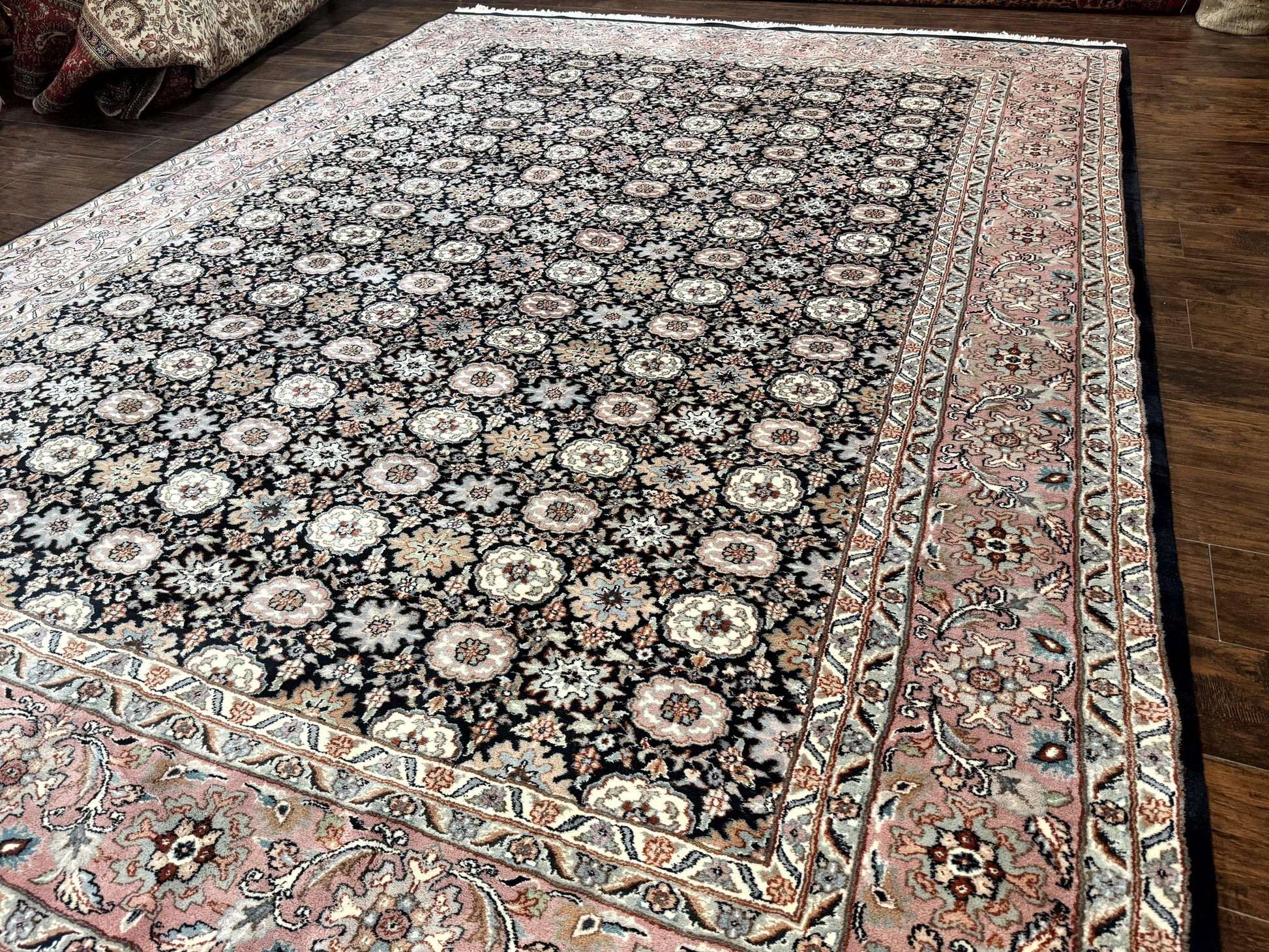Indo Persian Rug 9x12, Vintage Handmade Wool Carpet, Repeated Allover Motif, Navy Blue and Pink - Nuvé