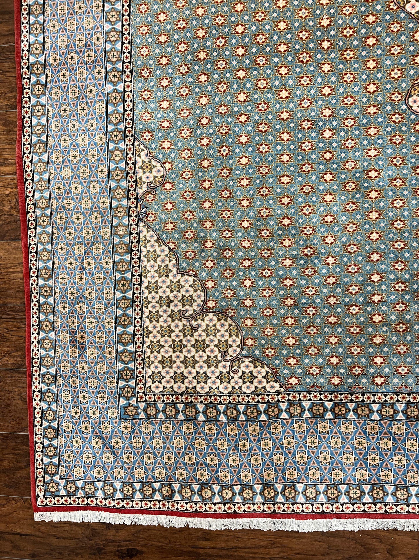 Rare Persian Rug 8x12, Qum Rug, Repeated Star Motifs, Blue and Ivory, Fine 300 KPSI, Hand Knotted Handmade Vintage Wool Rug - Nuvé