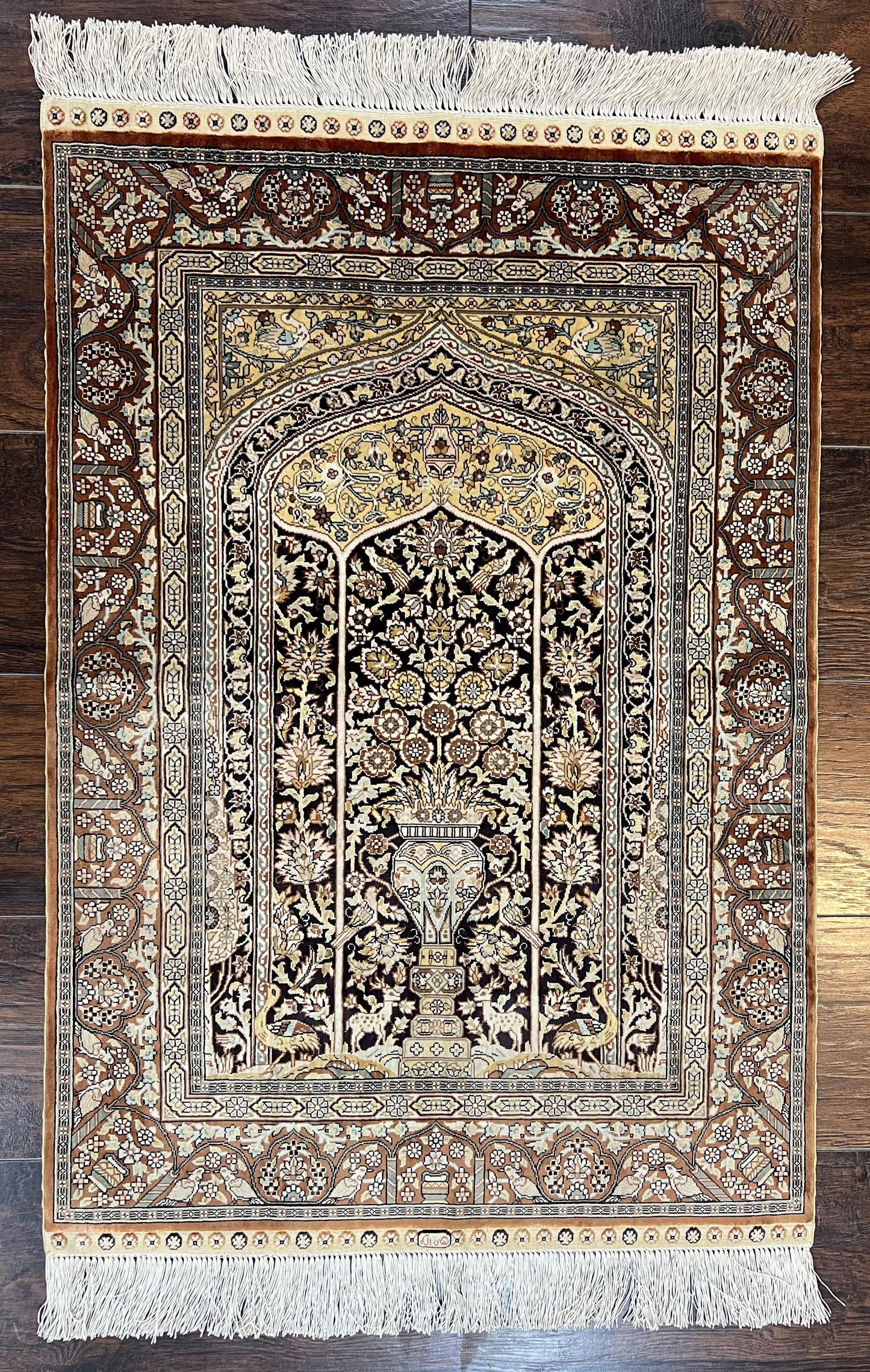 Turkish Silk Hereke Rug 2x3, Floral Vase Tree of Life Birds, Silk Pile on Silk Foundation, Vintage Oriental Carpet, Very Fine, Signature