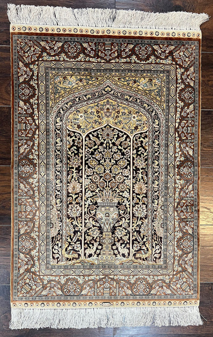 Turkish Silk Hereke Rug 2x3, Floral Vase Tree of Life Birds, Silk Pile on Silk Foundation, Vintage Oriental Carpet, Very Fine, Signature