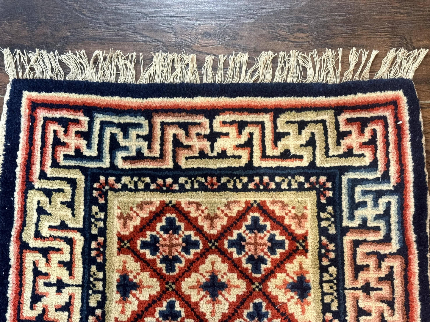 Small Antique Chinese Rug 2x2, Red Blue Square Rug Mat, Handmade, Tibetan Rug - Nuvé