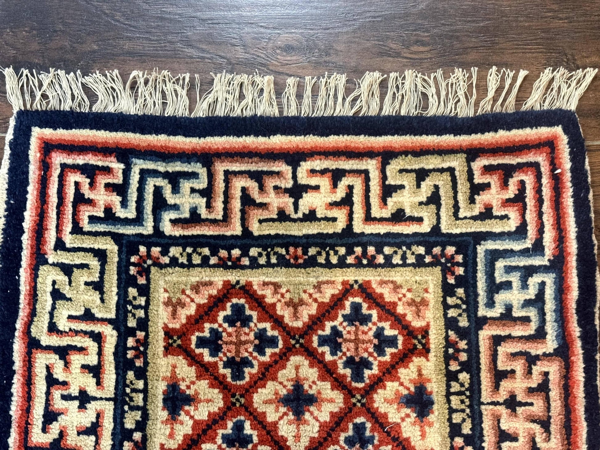 Small Antique Chinese Rug 2x2, Red Blue Square Rug Mat, Handmade, Tibetan Rug - Nuvé
