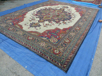 Persian Tabriz Rug 10x13 Oriental Carpet, Ivory Open Field, Geometric Medallion, Red Blue, Hand Knotted, Large Wool Area Rug Vintage Antique 1950s - Nuvé