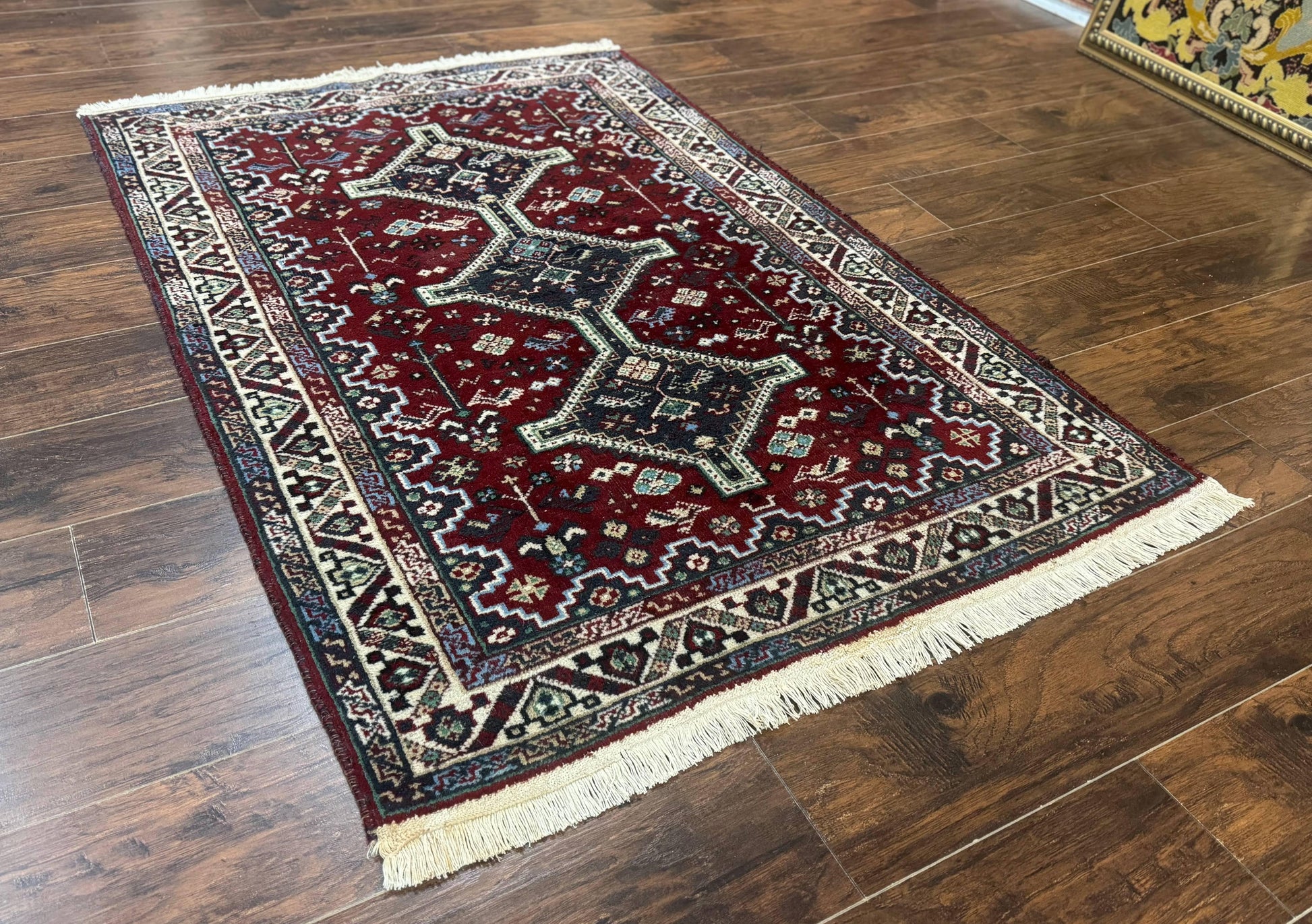 Persian Afshar Rug 4x5 Red Navy Geometric Tribal Wool Carpet - Nuvé
