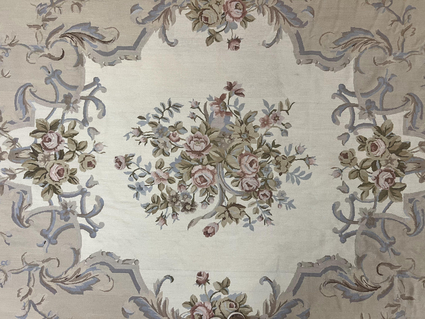 Aubusson Needlepoint Rug 9x12, VIntage Handmade Wool Beige Floral European Elegant Rug 9 x 12, Floral Roses - Nuvé