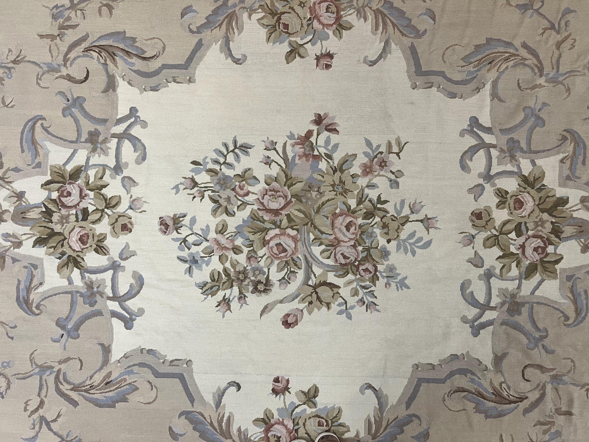 Aubusson Needlepoint Rug 9x12, VIntage Handmade Wool Beige Floral European Elegant Rug 9 x 12, Floral Roses - Nuvé