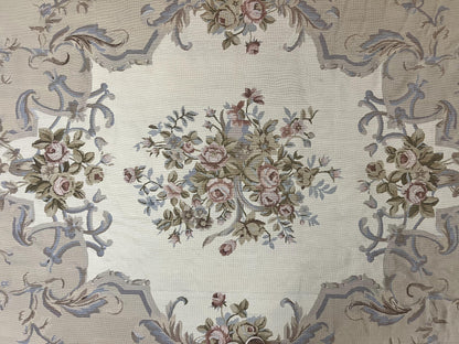 Aubusson Needlepoint Rug 9x12, VIntage Handmade Wool Beige Floral European Elegant Rug 9 x 12, Floral Roses - Nuvé