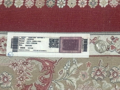 Turkish Silk Rug 8x10, Red & Ivory, Hunting Design, Bamboo Silk, New