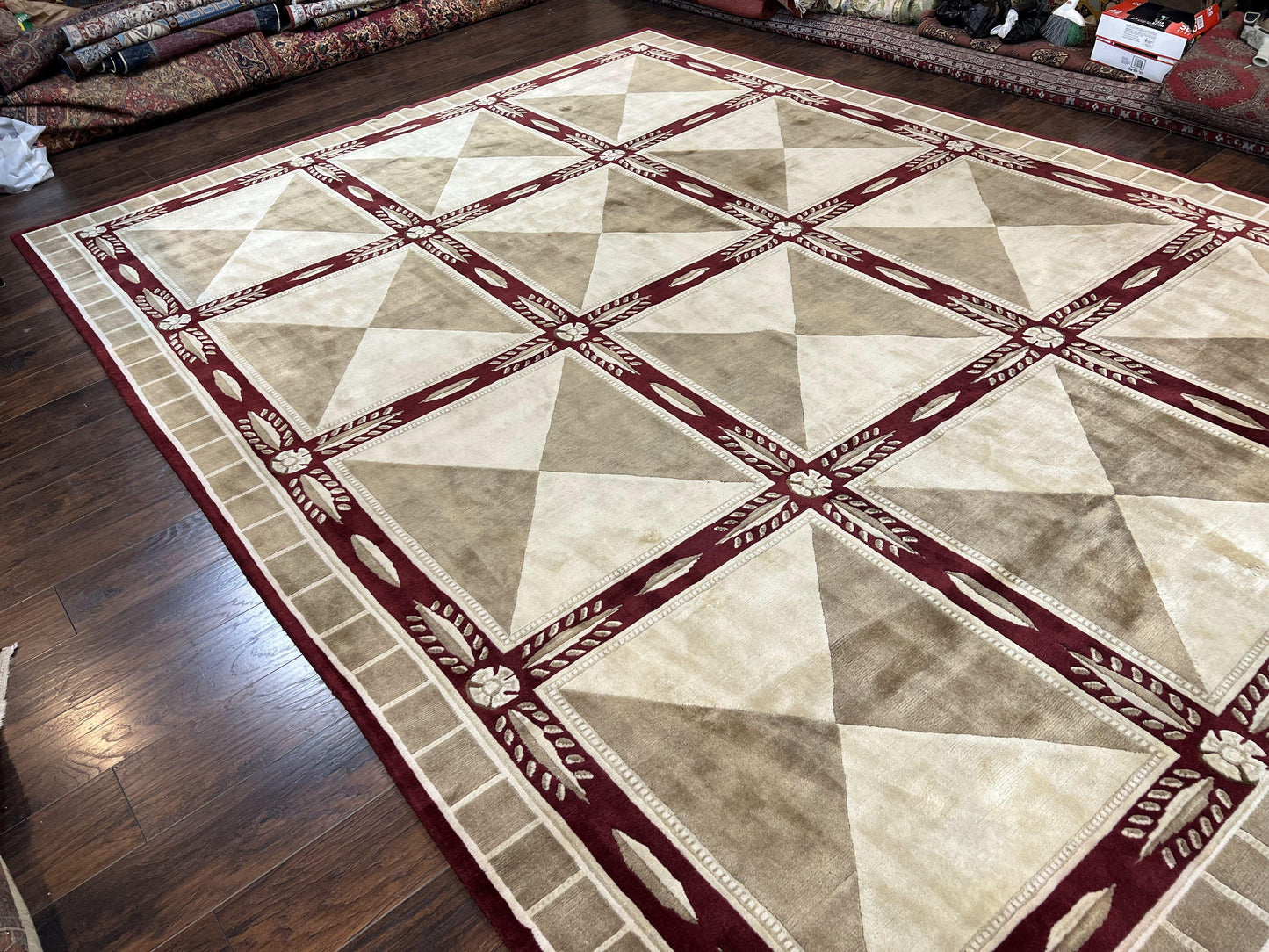 Indo Tibetan Rug 10x14, Nepali Carpet, Large Soft Wool Area Rug, Olive Tan Maroon, Contemporary Rug 10 x 14 ft Living Room Rug, Handmade Rug - Nuvé