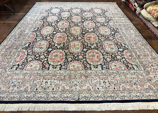 Sino Persian Rug 9x12, Navy Blue and Pink Hand Knotted Wool and Silk Highlights Vintage Oriental Carpet, Handmade Floral Area Rug 9 x 12 ft - Nuvé