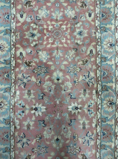 Indo Persian Runner Rug 2.8 x 12, Wool Hand Knotted, Pink and Light Blue - Nuvé