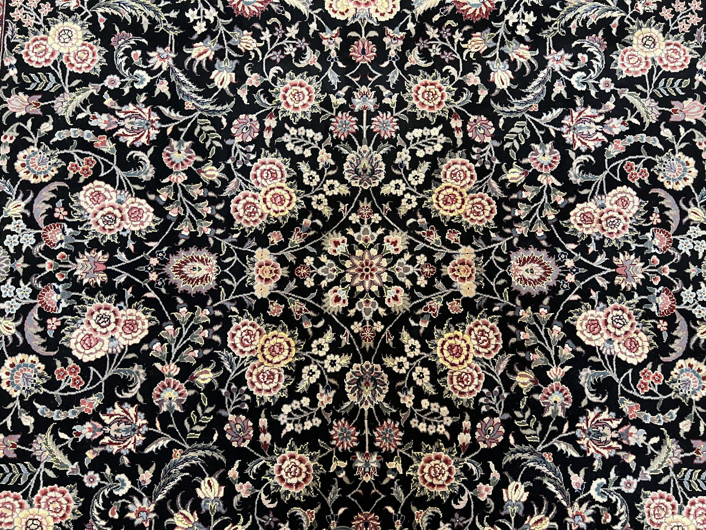 Pak Persian Rug 9x12, Floral Allover, Hand Knotted Oriental Carpet 9 x 12 ft, Black and Cream, Detailed, Wool with Silk Highlights, Vintage - Nuvé