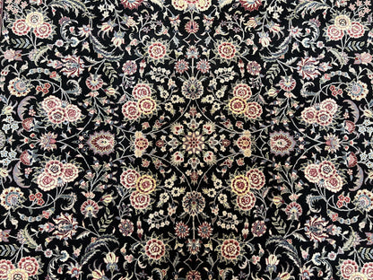 Pak Persian Rug 9x12, Floral Allover, Hand Knotted Oriental Carpet 9 x 12 ft, Black and Cream, Detailed, Wool with Silk Highlights, Vintage - Nuvé