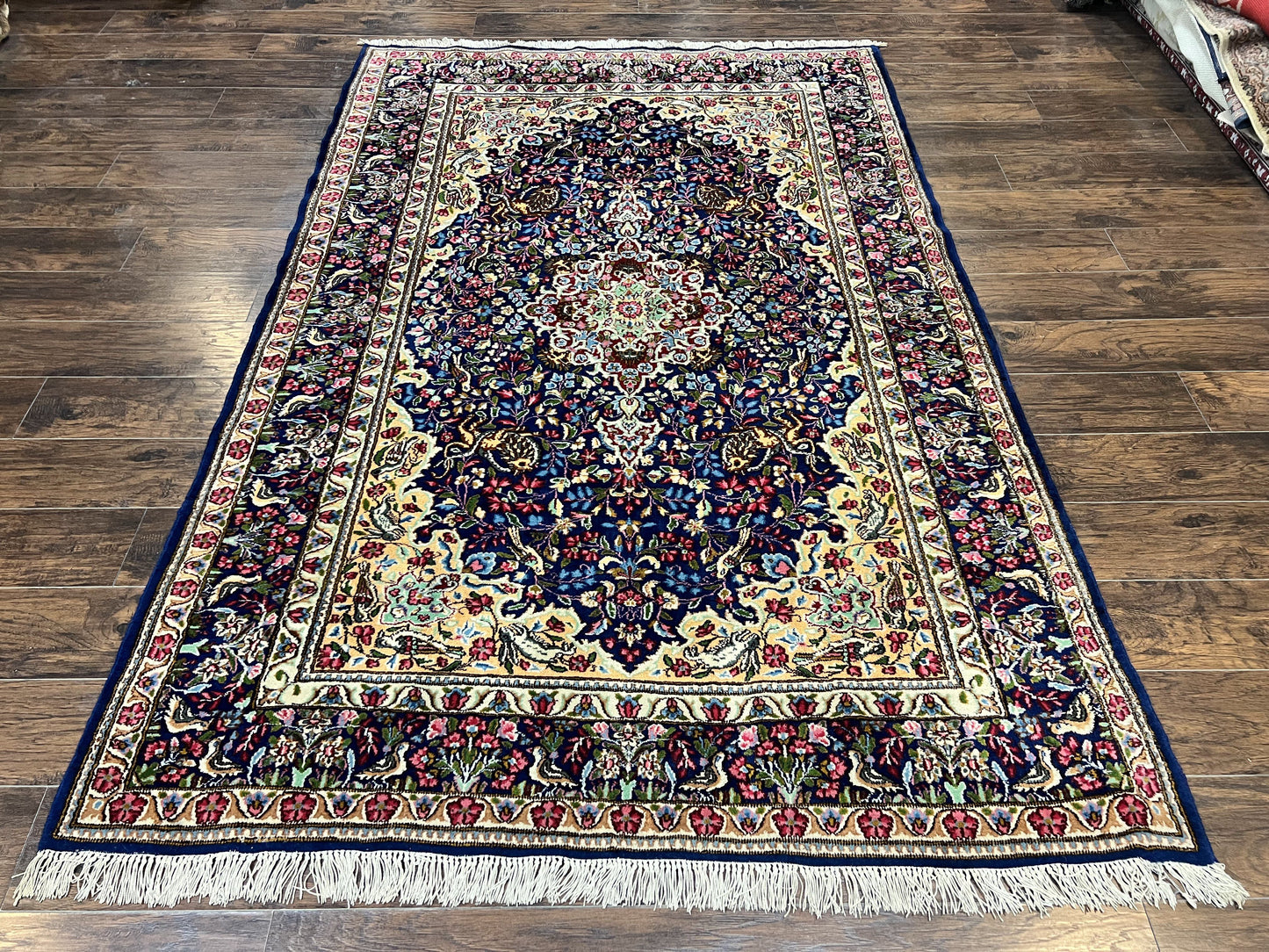 Persian Kirman Rug 6x9, Floral Medallion Vintage Wool Handmade Carpet 6 x 9, Animal Pictorials Birds, Semi Antique, Navy Blue, Millefleur - Nuvé