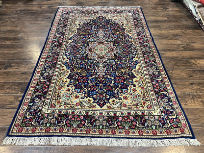 Persian Kirman Rug 6x9, Floral Medallion Vintage Wool Handmade Carpet 6 x 9, Animal Pictorials Birds, Semi Antique, Navy Blue, Millefleur - Nuvé